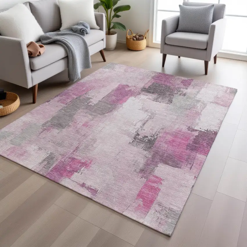 Pink And Silver Abstract Washable Indoor Outdoor Area Rug Photo 5
