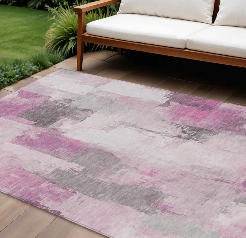 Pink And Silver Abstract Washable Indoor Outdoor Area Rug Photo 2