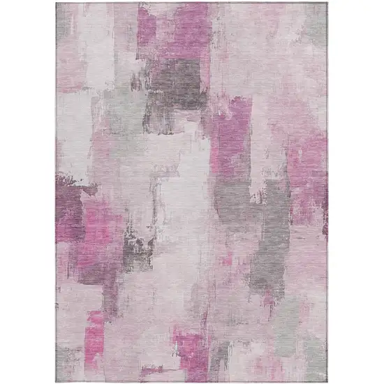 Pink And Silver Abstract Washable Indoor Outdoor Area Rug Photo 1