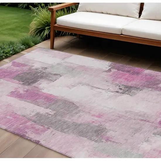 Pink And Silver Abstract Washable Indoor Outdoor Area Rug Photo 2