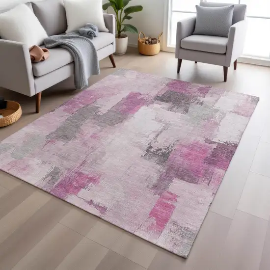 Pink And Silver Abstract Washable Indoor Outdoor Area Rug Photo 5