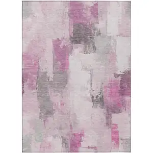 Photo of Pink And Silver Abstract Washable Indoor Outdoor Area Rug