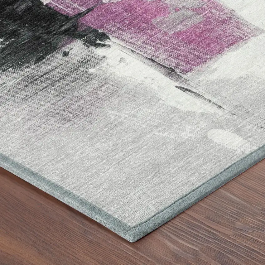 Pink And Silver Abstract Washable Indoor Outdoor Area Rug Photo 5