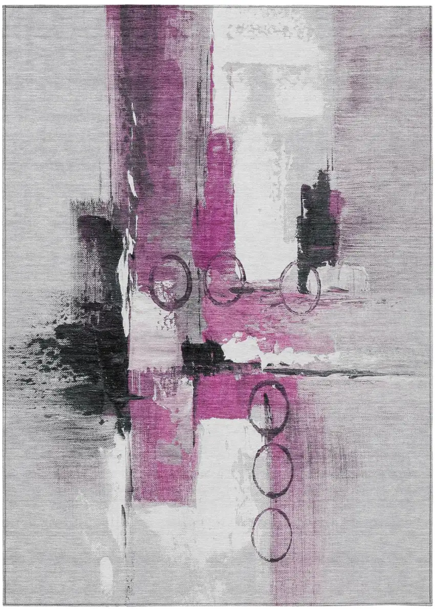 Pink And Silver Abstract Washable Indoor Outdoor Area Rug Photo 2