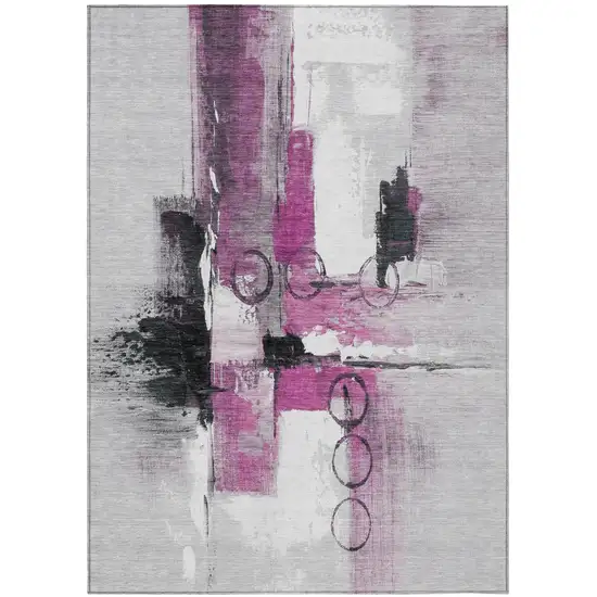 Pink And Silver Abstract Washable Indoor Outdoor Area Rug Photo 2