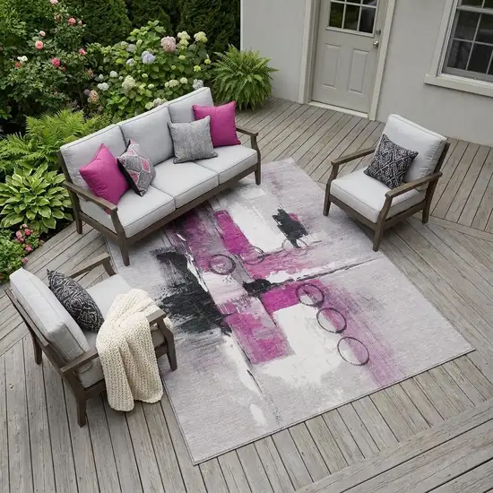 Pink And Silver Abstract Washable Indoor Outdoor Area Rug Photo 1