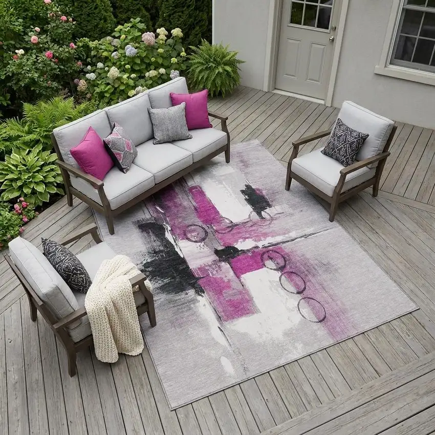 Pink And Silver Abstract Washable Indoor Outdoor Area Rug Photo 1
