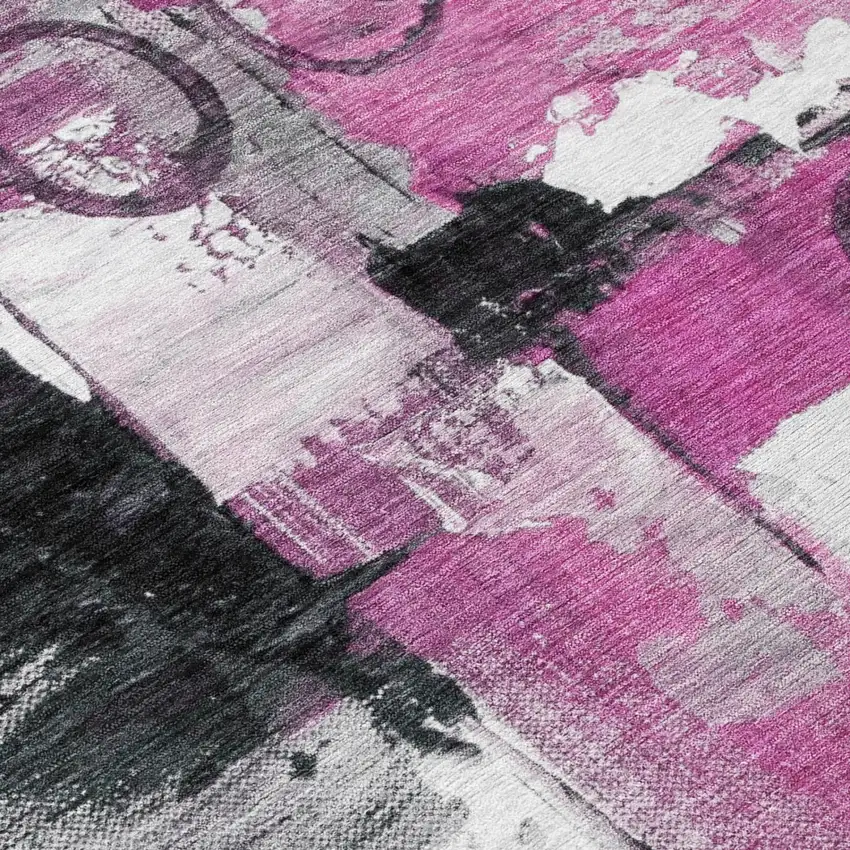 Pink And Silver Abstract Washable Indoor Outdoor Area Rug Photo 6