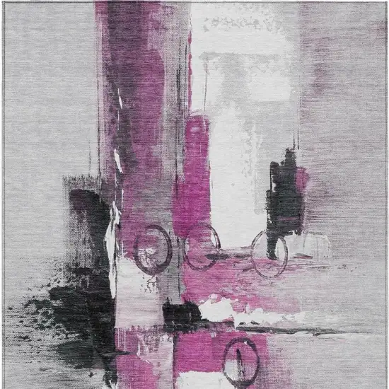 Pink And Silver Abstract Washable Indoor Outdoor Area Rug Photo 4