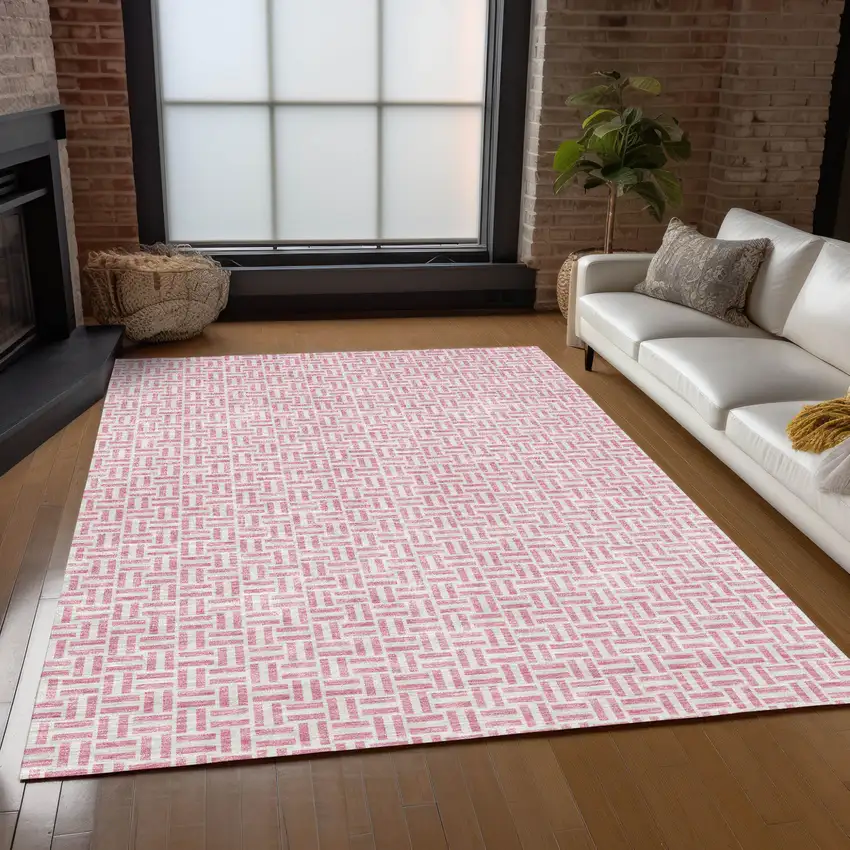 Pink And Silver Geometric Washable Indoor Outdoor Area Rug Photo 9