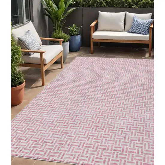 Pink And Silver Geometric Washable Indoor Outdoor Area Rug Photo 1