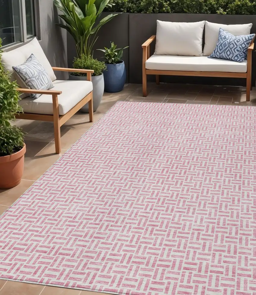 Pink And Silver Geometric Washable Indoor Outdoor Area Rug Photo 1