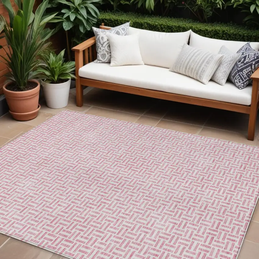 Pink And Silver Geometric Washable Indoor Outdoor Area Rug Photo 1