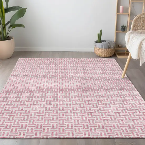 Pink And Silver Geometric Washable Indoor Outdoor Area Rug Photo 9