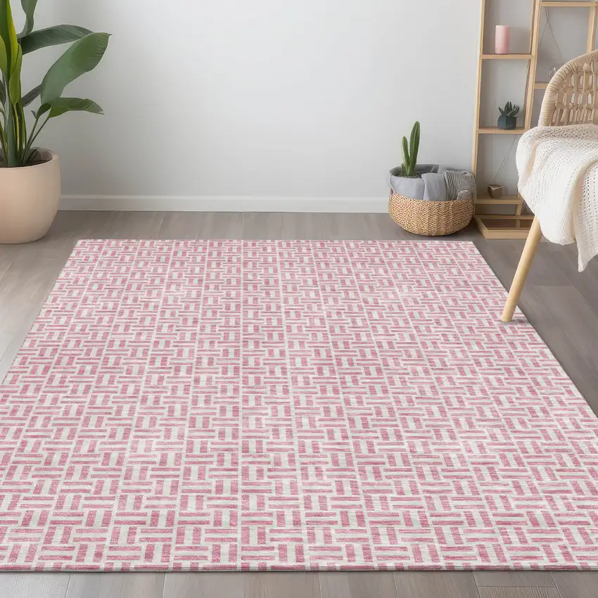 Pink And Silver Geometric Washable Indoor Outdoor Area Rug Photo 9