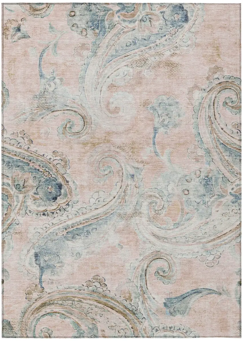 Pink And Silver Paisley Washable Indoor Outdoor Area Rug Photo 2