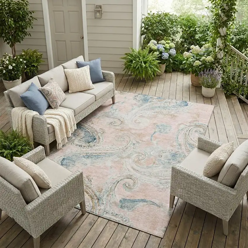 Pink And Silver Paisley Washable Indoor Outdoor Area Rug Photo 1