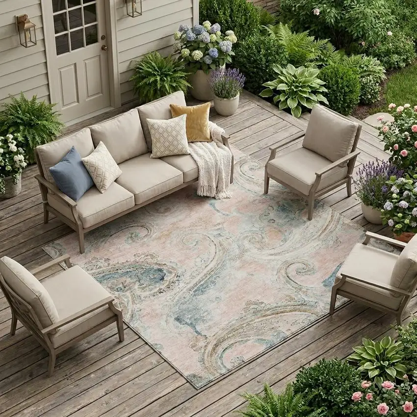 Pink And Silver Paisley Washable Indoor Outdoor Area Rug Photo 1