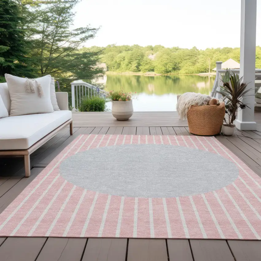 Pink And Silver Striped Washable Indoor Outdoor Area Rug Photo 9
