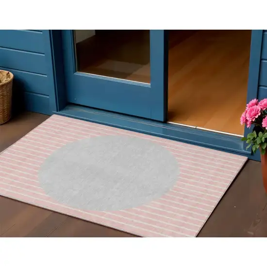 Pink And Silver Striped Washable Indoor Outdoor Area Rug Photo 1