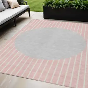Photo of Pink And Silver Striped Washable Indoor Outdoor Area Rug