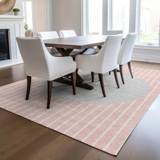 Pink And Silver Striped Washable Indoor Outdoor Area Rug Photo 9