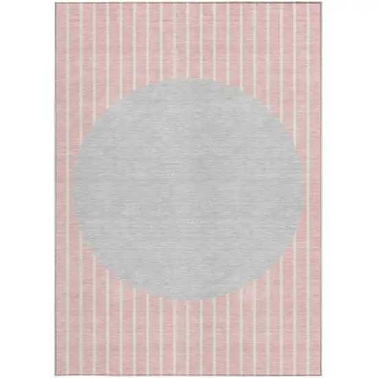 Pink And Silver Striped Washable Indoor Outdoor Area Rug Photo 6