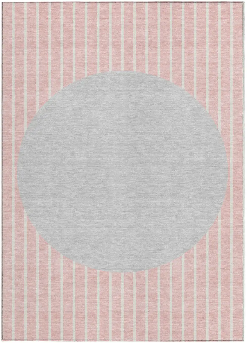 Pink And Silver Striped Washable Indoor Outdoor Area Rug Photo 6