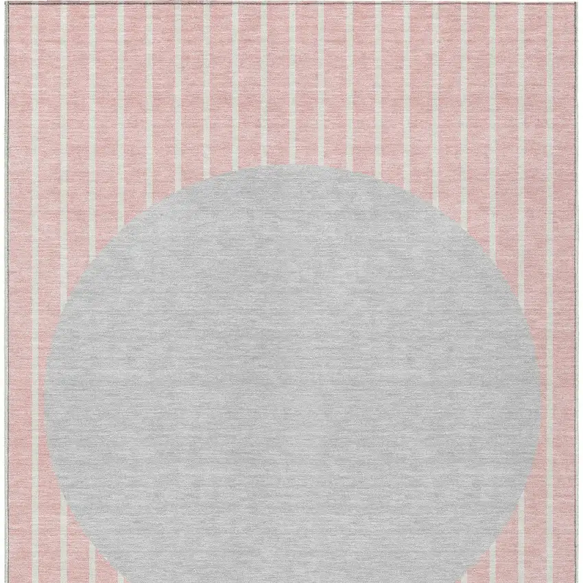 Pink And Silver Striped Washable Indoor Outdoor Area Rug Photo 5