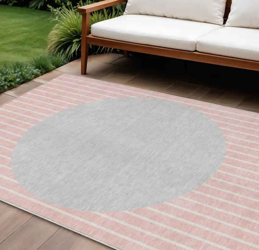 Pink And Silver Striped Washable Indoor Outdoor Area Rug Photo 1