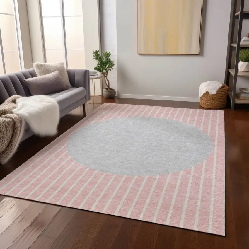 Pink And Silver Striped Washable Indoor Outdoor Area Rug Photo 8