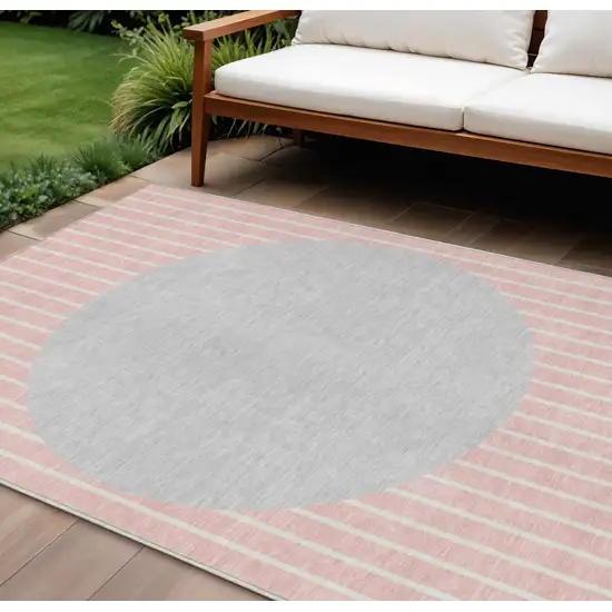 Pink And Silver Striped Washable Indoor Outdoor Area Rug Photo 1