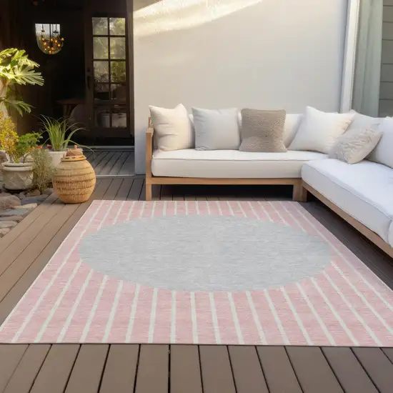 Pink And Silver Striped Washable Indoor Outdoor Area Rug Photo 7