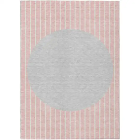 Pink And Silver Striped Washable Indoor Outdoor Area Rug Photo 2