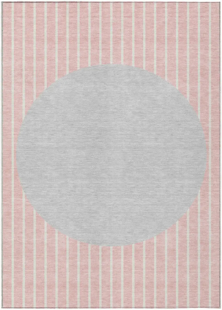 Pink And Silver Striped Washable Indoor Outdoor Area Rug Photo 2