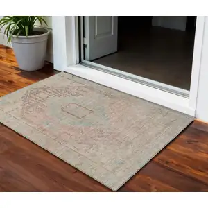 Photo of Pink And Sky Blue Oriental Washable Indoor Outdoor Area Rug