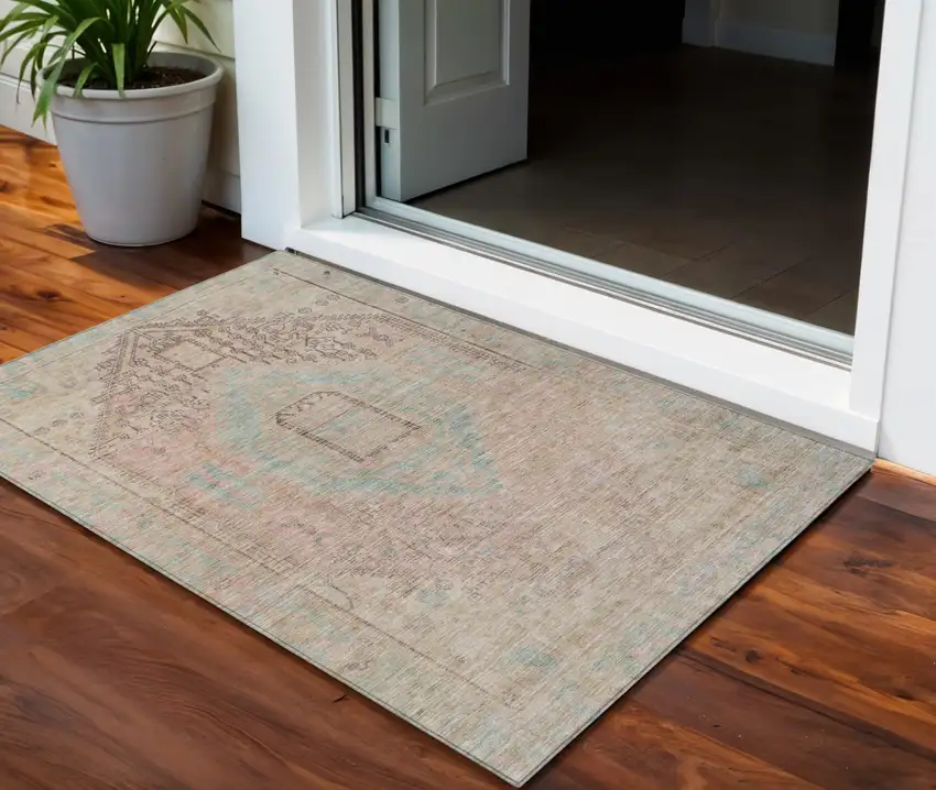 Pink And Sky Blue Oriental Washable Indoor Outdoor Area Rug Photo 1