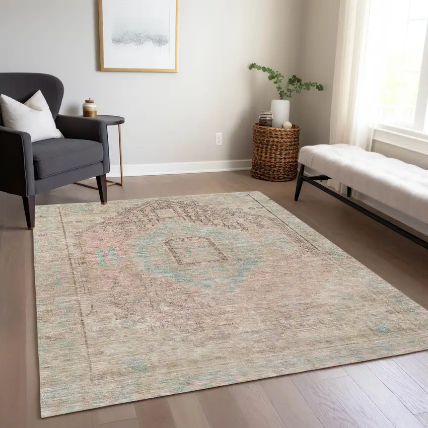 Pink And Sky Blue Oriental Washable Indoor Outdoor Area Rug Photo 9