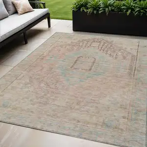 Photo of Pink And Sky Blue Oriental Washable Indoor Outdoor Area Rug