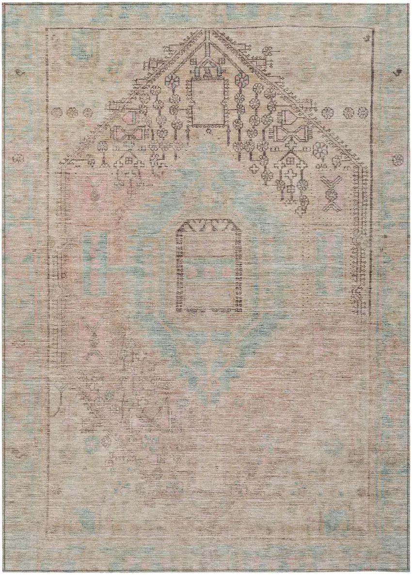 Pink And Sky Blue Oriental Washable Indoor Outdoor Area Rug Photo 2