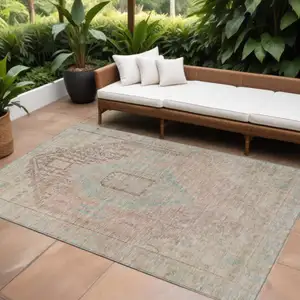Photo of Pink And Sky Blue Oriental Washable Indoor Outdoor Area Rug
