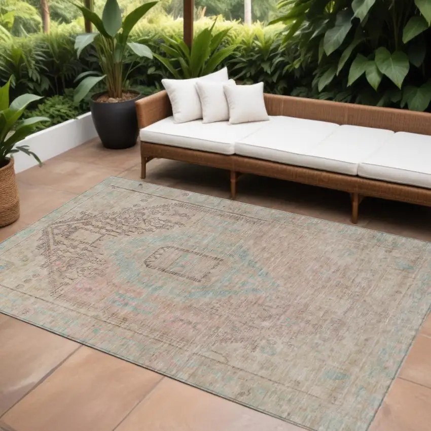 Pink And Sky Blue Oriental Washable Indoor Outdoor Area Rug Photo 1