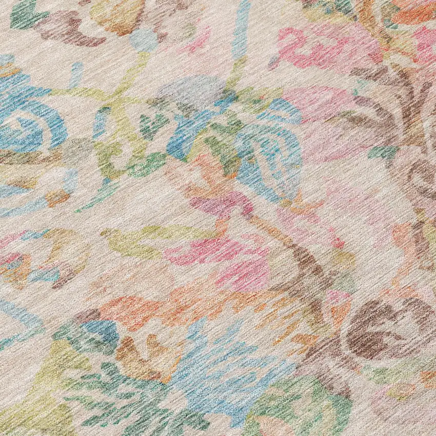 Pink And Tan Floral Washable Indoor Outdoor Area Rug Photo 6