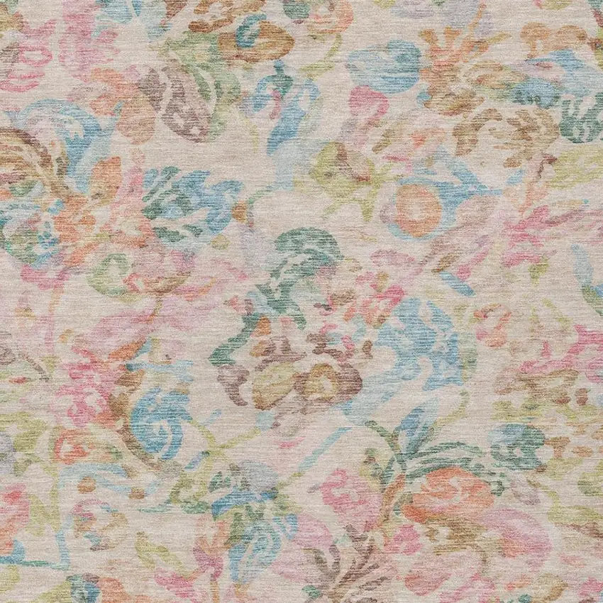 Pink And Tan Floral Washable Indoor Outdoor Area Rug Photo 3