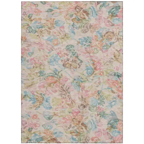 Pink And Tan Floral Washable Indoor Outdoor Area Rug Photo 4