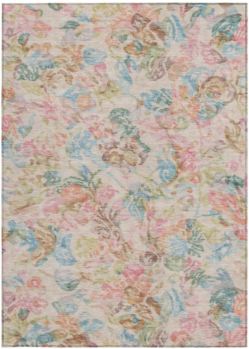 Pink And Tan Floral Washable Indoor Outdoor Area Rug Photo 4