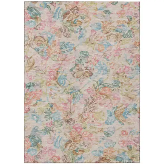 Pink And Tan Floral Washable Indoor Outdoor Area Rug Photo 2