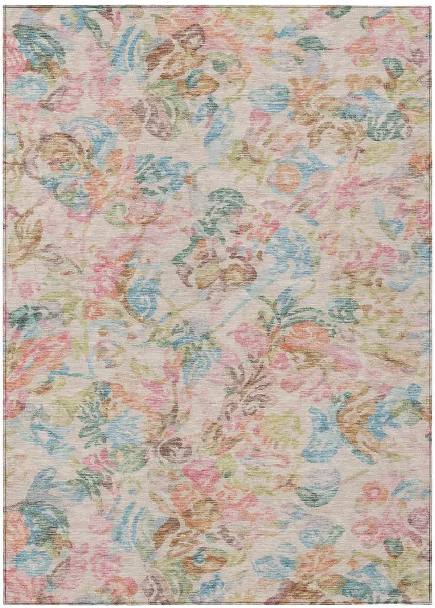 Pink And Tan Floral Washable Indoor Outdoor Area Rug Photo 2