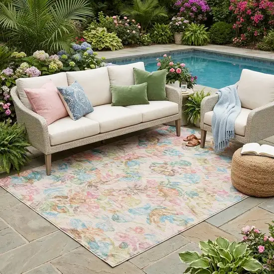 Pink And Tan Floral Washable Indoor Outdoor Area Rug Photo 1