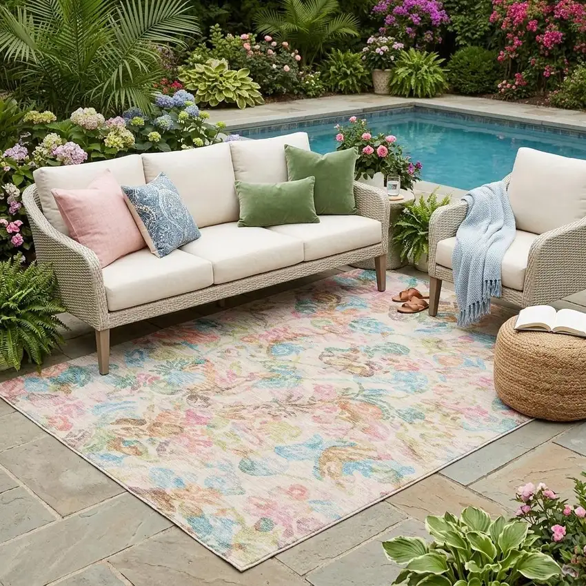 Pink And Tan Floral Washable Indoor Outdoor Area Rug Photo 1